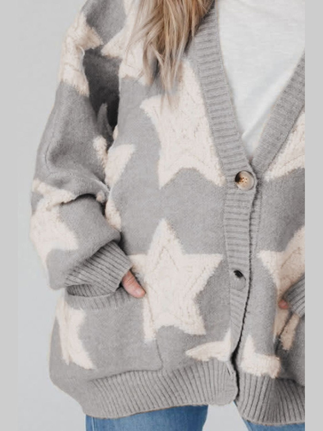 Women Star Button Up Long Sleeve Cardigan