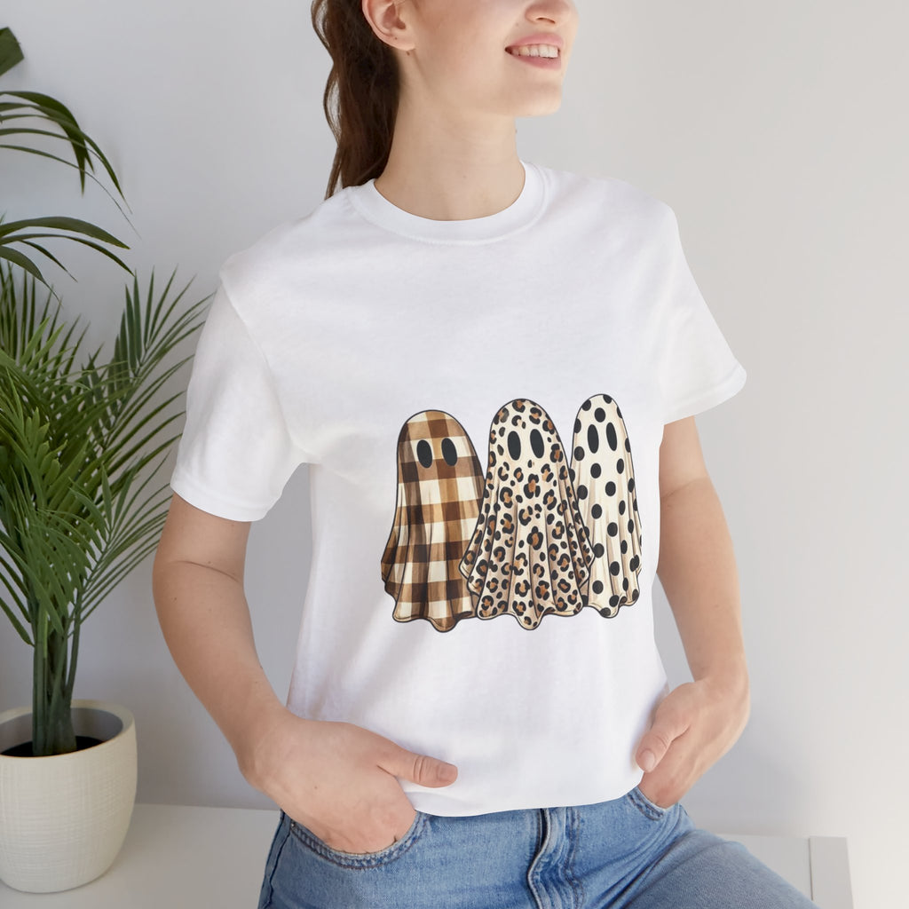 Halloween Ghost Trio Tee — Plaid, Leopard & Polka Dot Ghosts