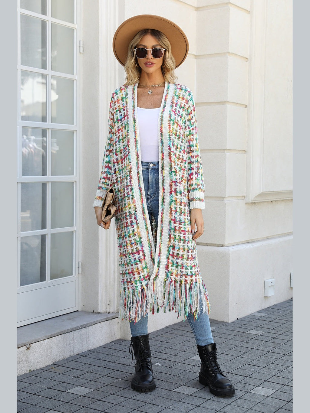 Women Open Front Fringe Hem Cardigan Sweater