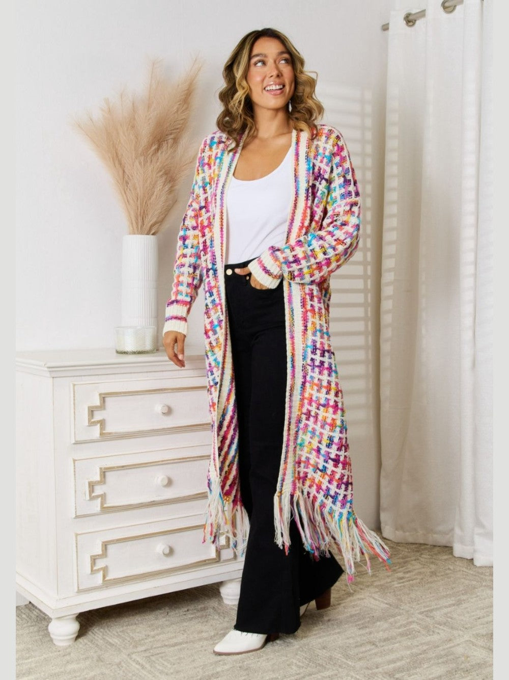 Women Open Front Fringe Hem Cardigan Sweater