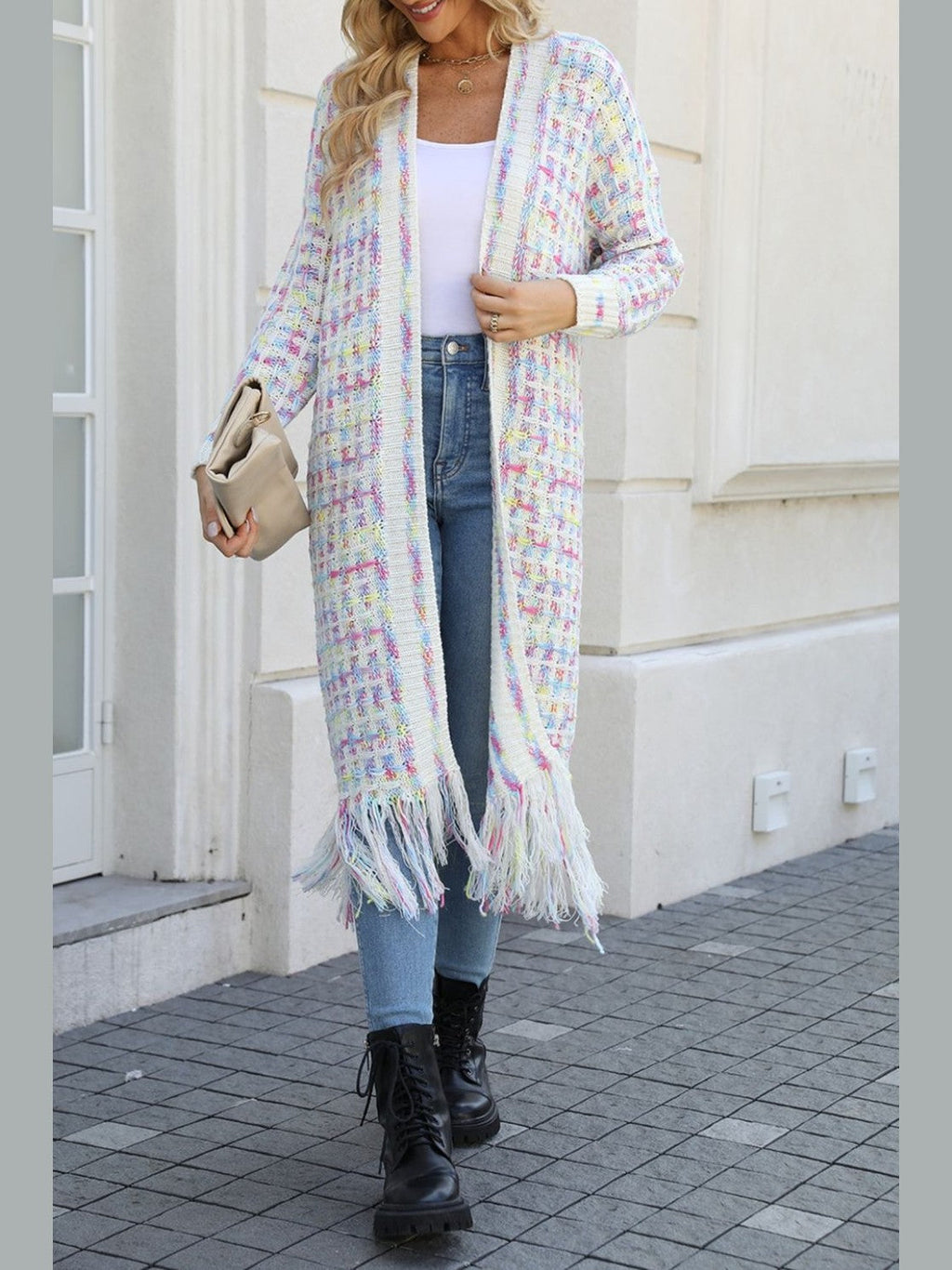 Women Open Front Fringe Hem Cardigan Sweater
