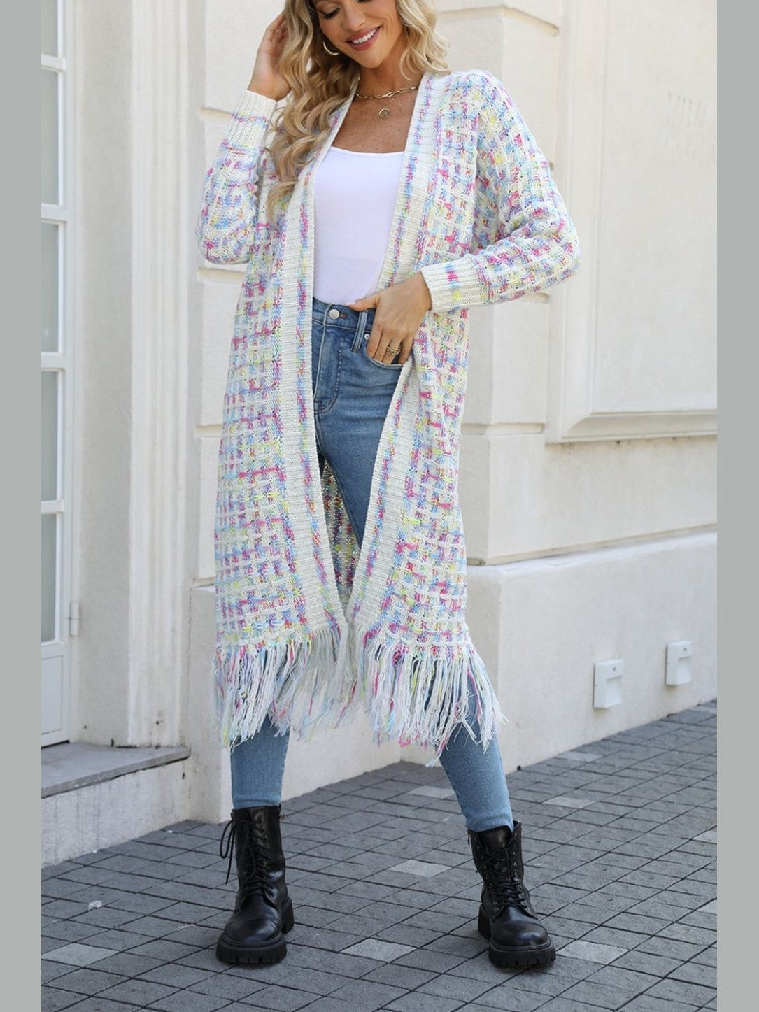 Women Open Front Fringe Hem Cardigan Sweater