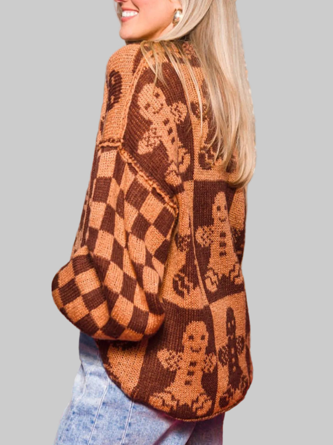 Women Christmas Gingerbread Man Round Neck Drop Shoulder Sweater