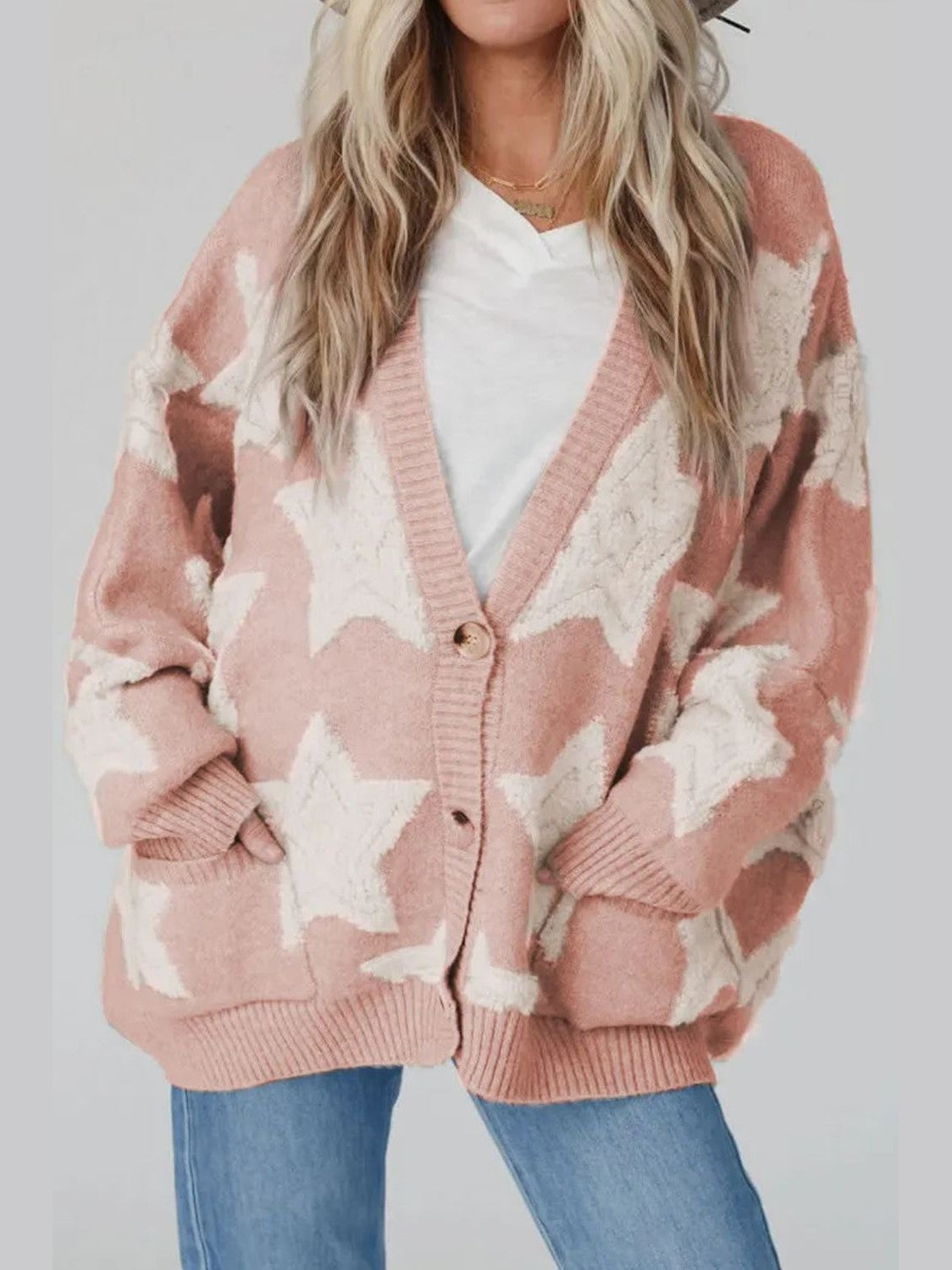 Women Star Button Up Long Sleeve Cardigan