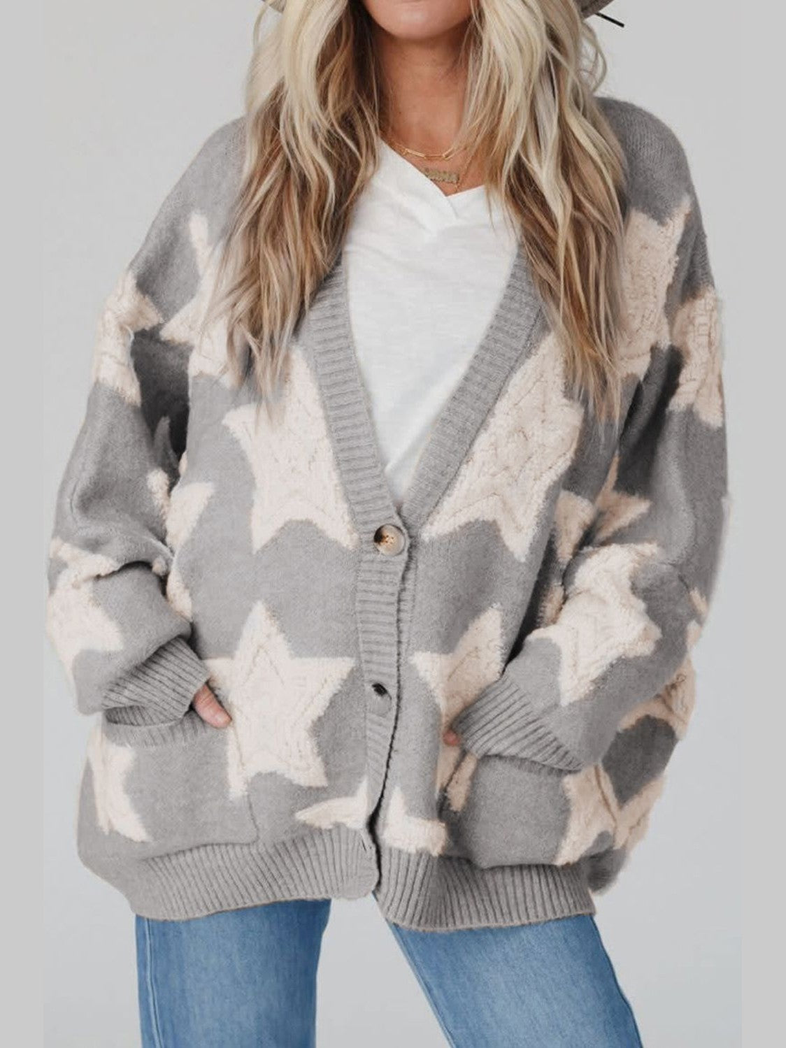 Women Star Button Up Long Sleeve Cardigan