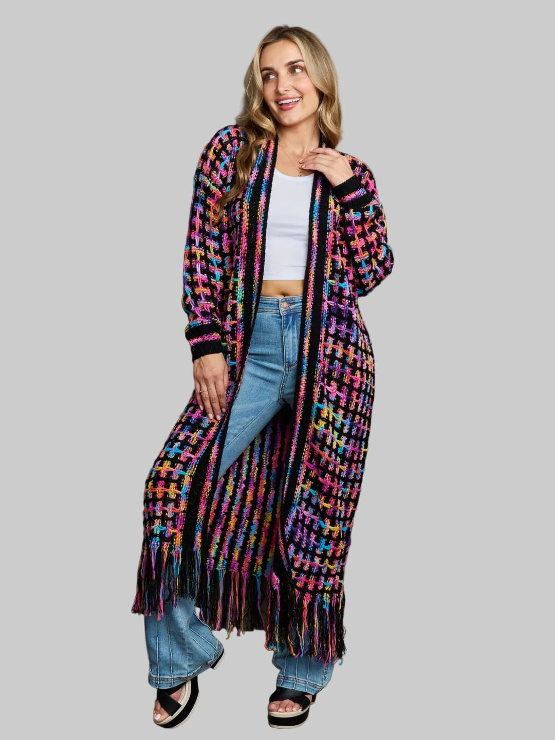 Women Open Front Fringe Hem Cardigan Sweater