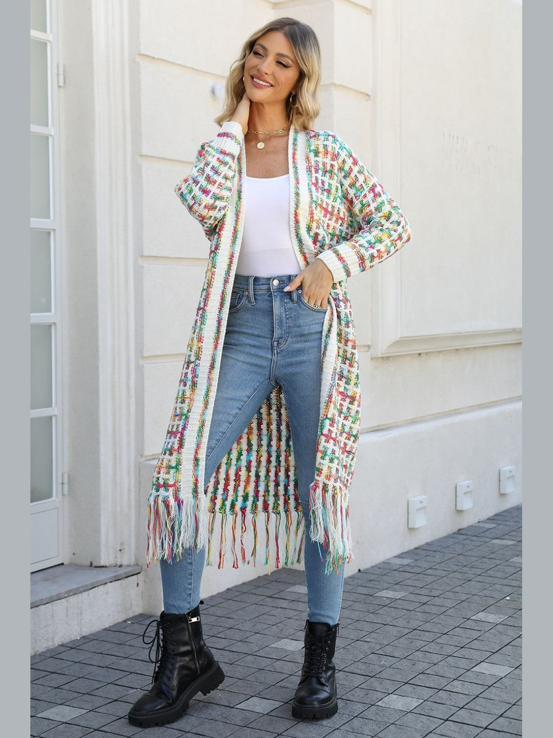Women Open Front Fringe Hem Cardigan Sweater