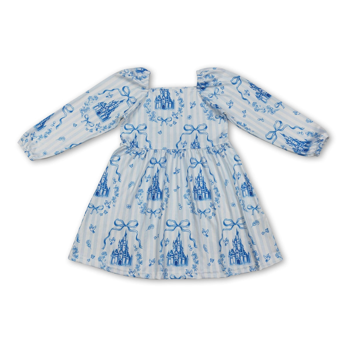 Long sleeves stripe bow castle kids girls dresses