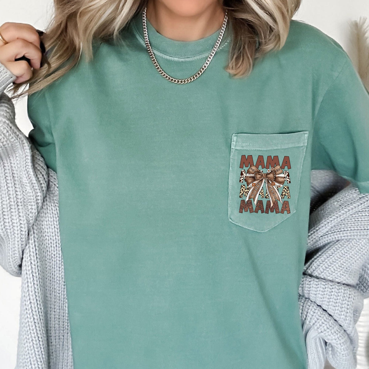 Retro Autumn Mama Bow Football Ribbon Game Day Pocket Tee Vintage Comfort Colors Tee