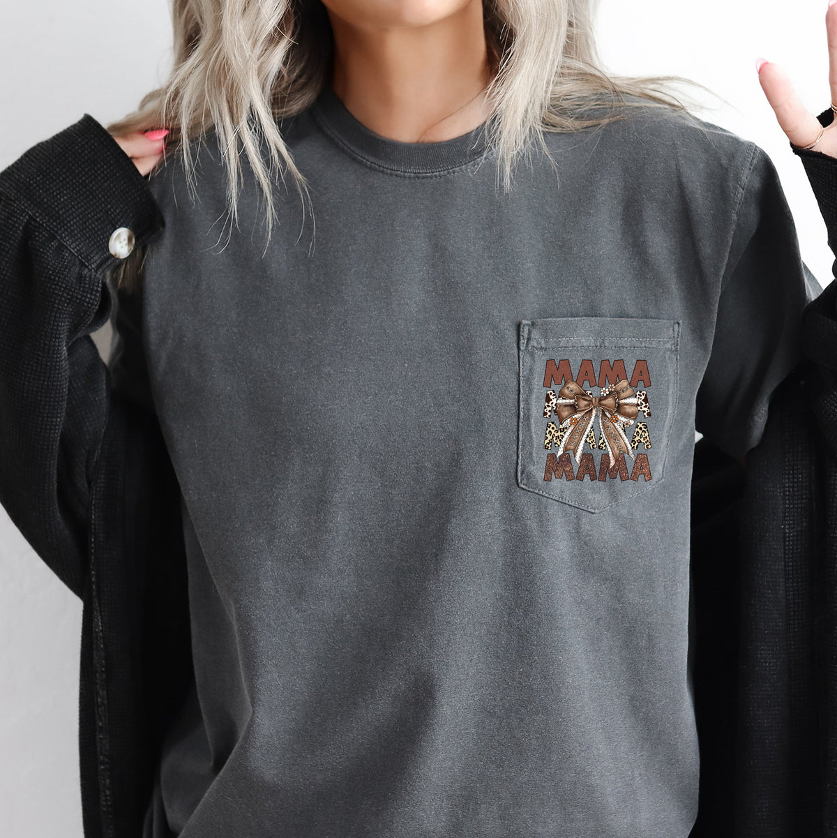 Retro Autumn Mama Bow Football Ribbon Game Day Pocket Tee Vintage Comfort Colors Tee