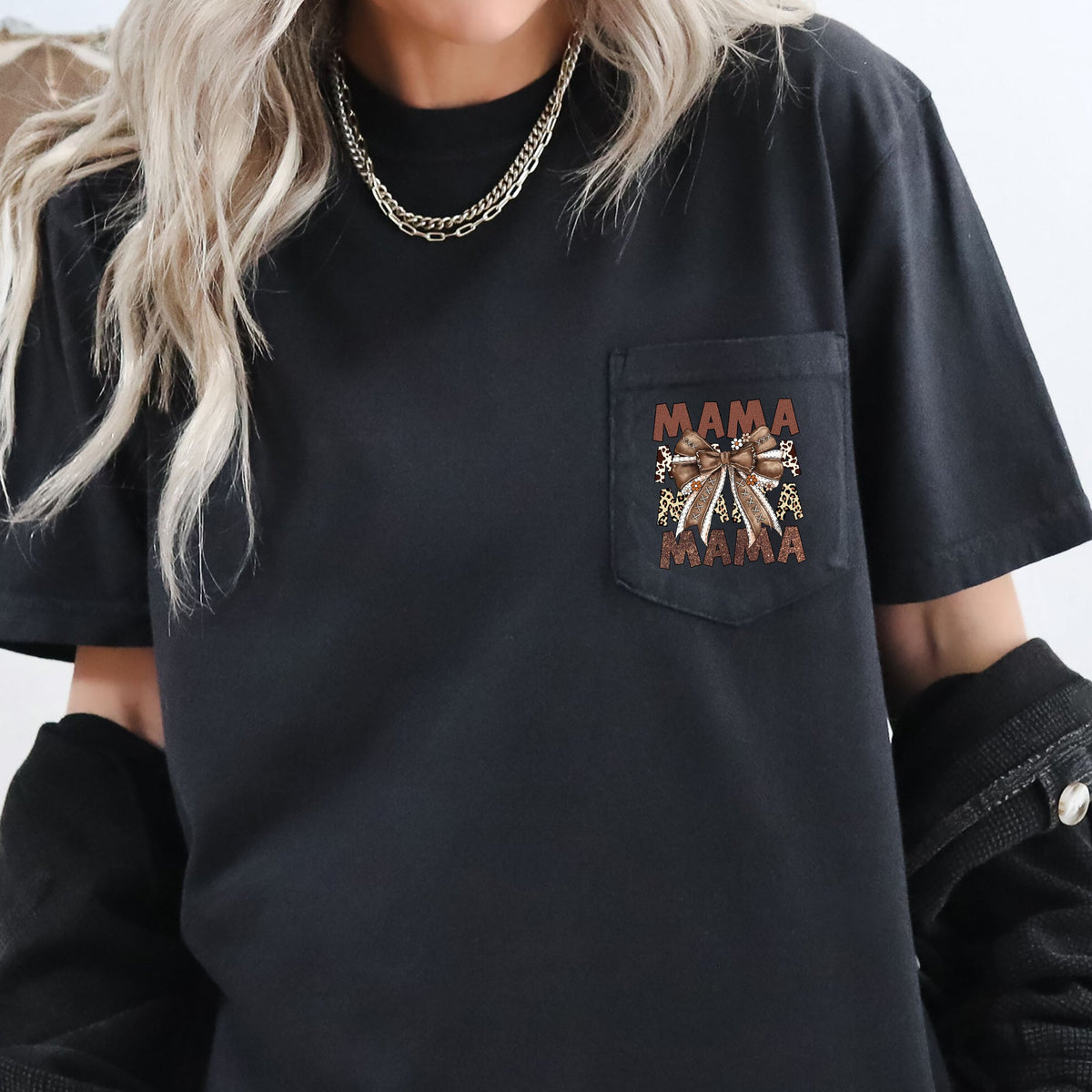 Retro Autumn Mama Bow Football Ribbon Game Day Pocket Tee Vintage Comfort Colors Tee