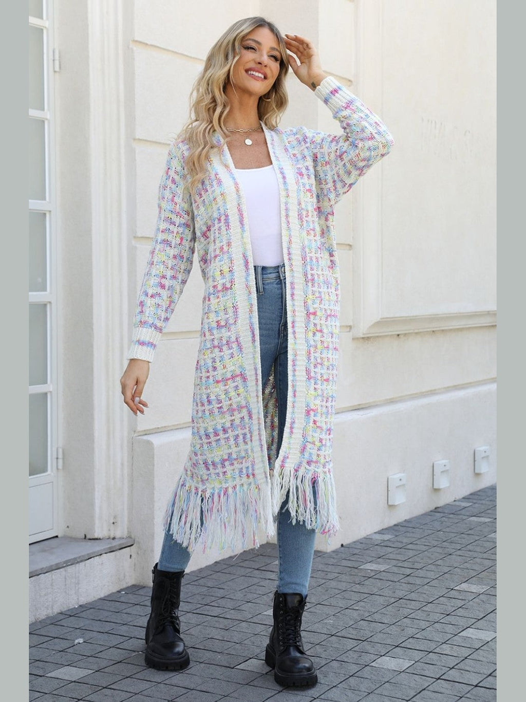 Women Open Front Fringe Hem Cardigan Sweater