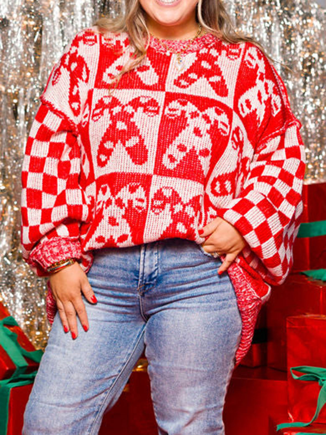 Women Christmas Candy Cane Contrast Round Neck Sweater