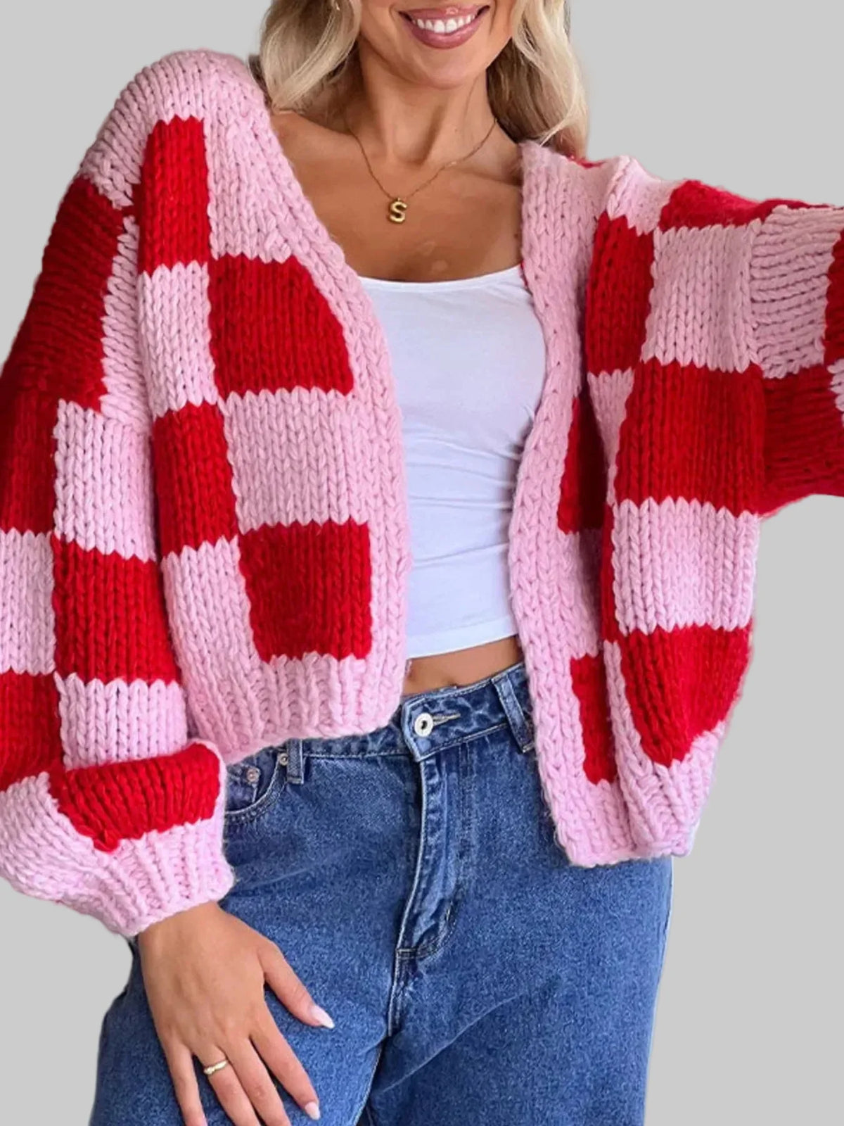 Checkered Open Front Long Sleeve Cardigan