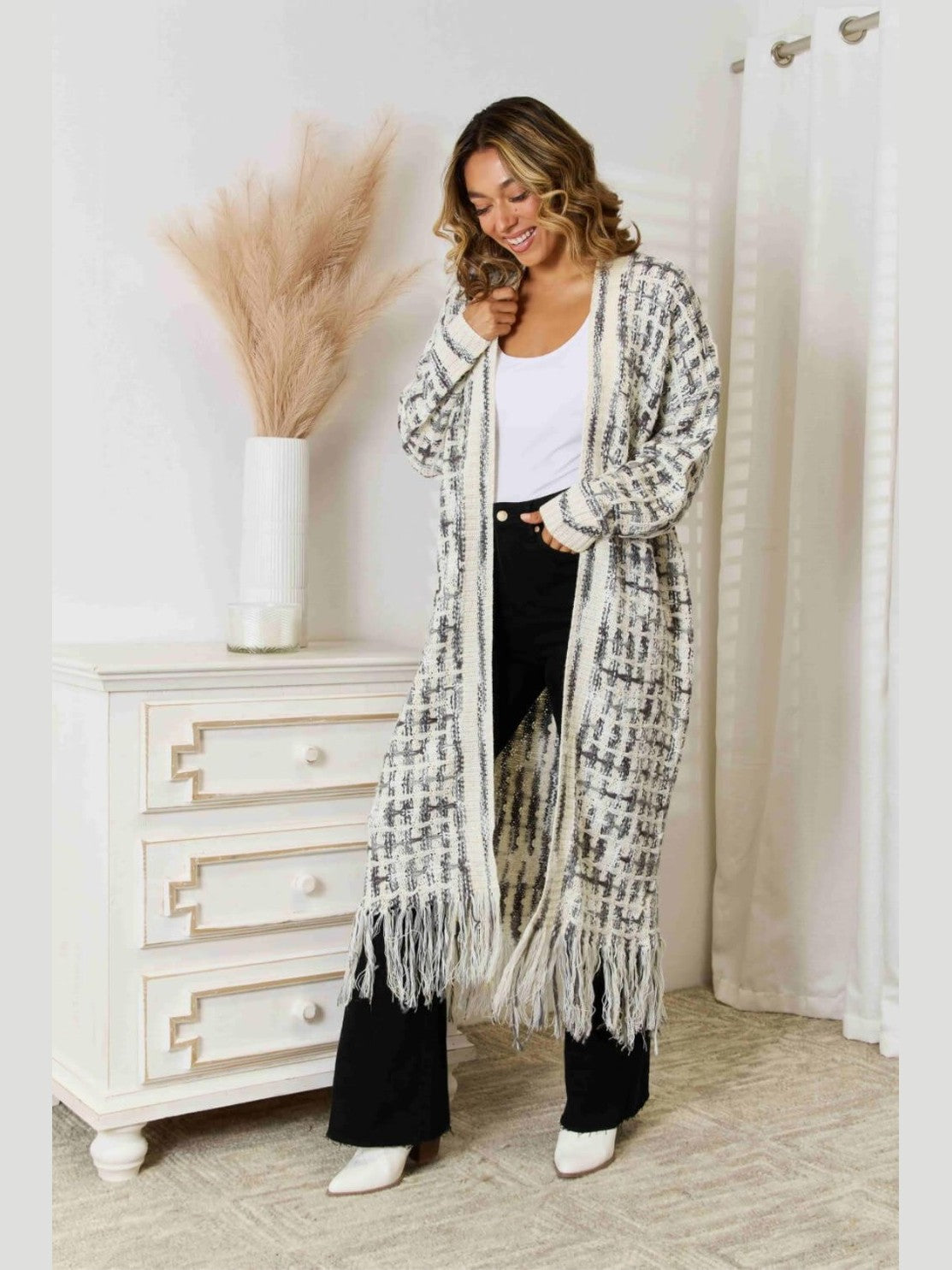 Women Open Front Fringe Hem Cardigan Sweater