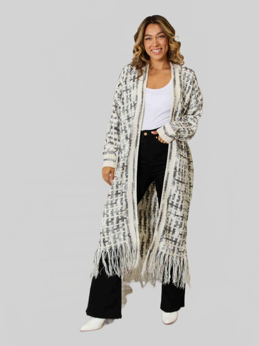 Women Open Front Fringe Hem Cardigan Sweater