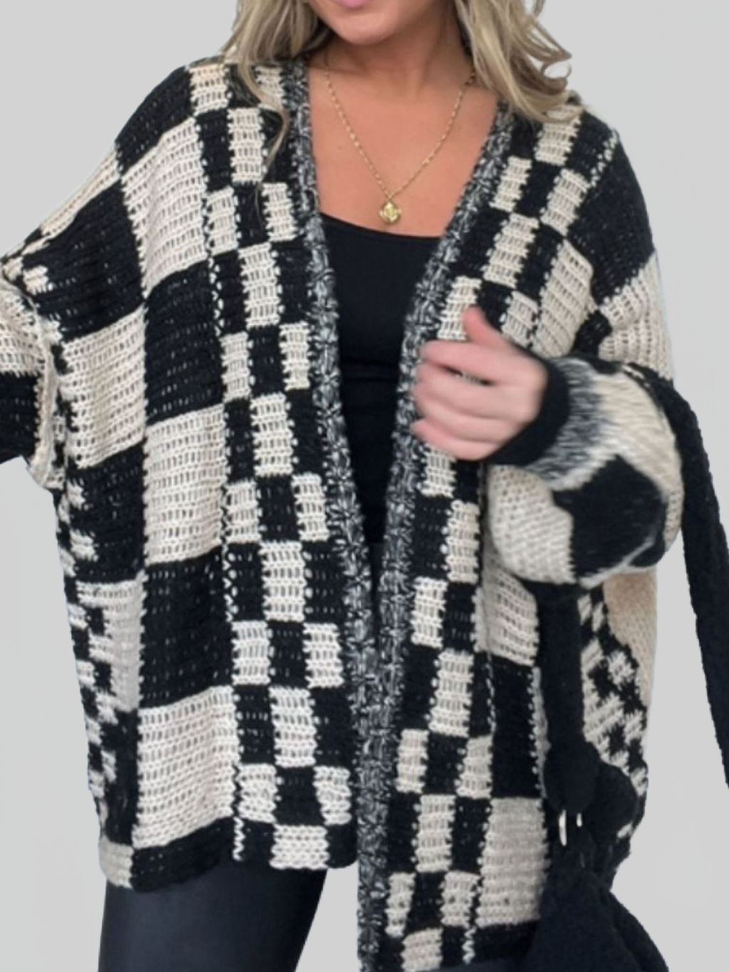 Women Plaid Open Front Long Sleeve Cardigan Sweater