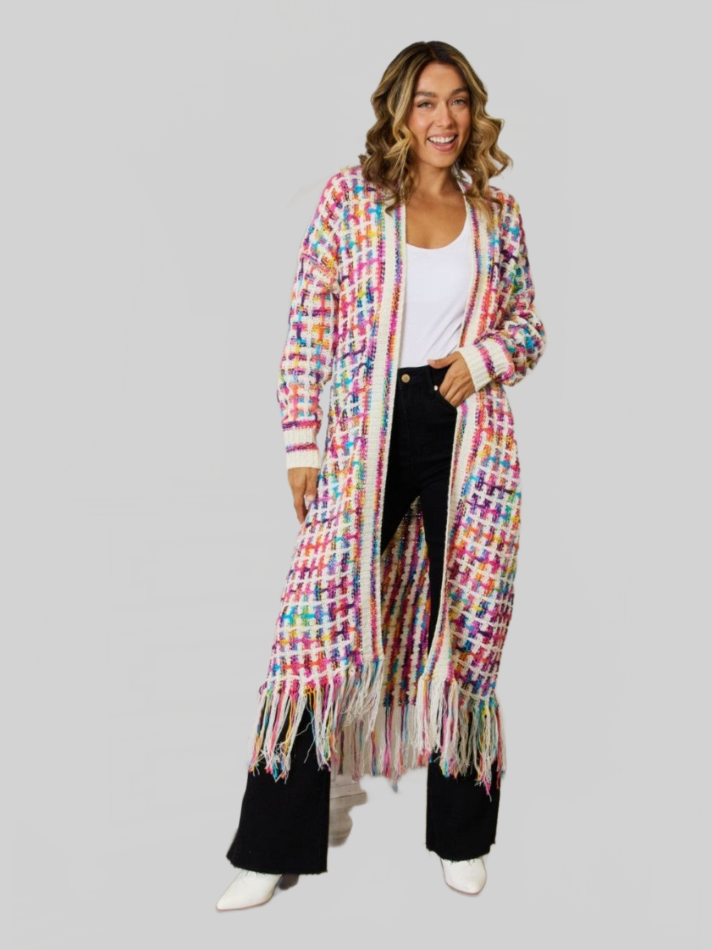 Women Open Front Fringe Hem Cardigan Sweater