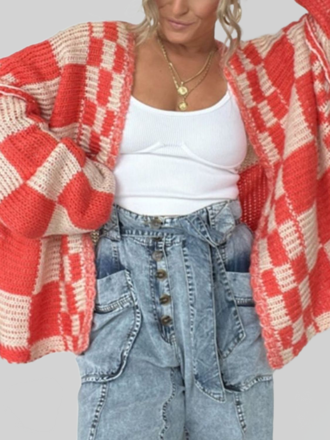 Women Plaid Open Front Long Sleeve Cardigan Sweater