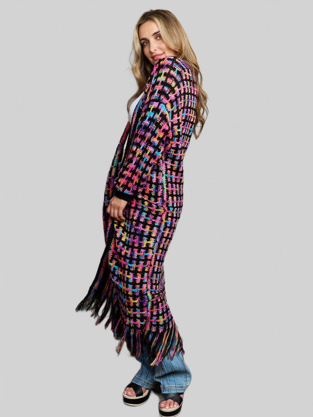 Women Open Front Fringe Hem Cardigan Sweater