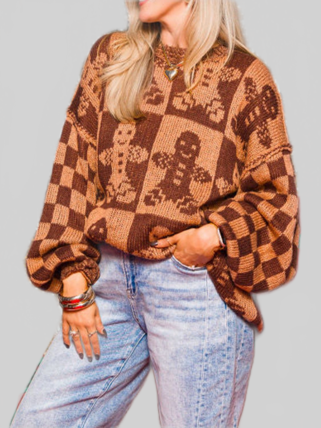 Women Christmas Gingerbread Man Round Neck Drop Shoulder Sweater
