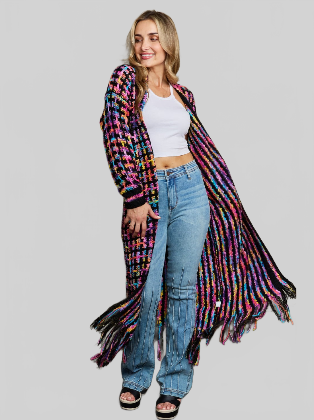 Women Open Front Fringe Hem Cardigan Sweater
