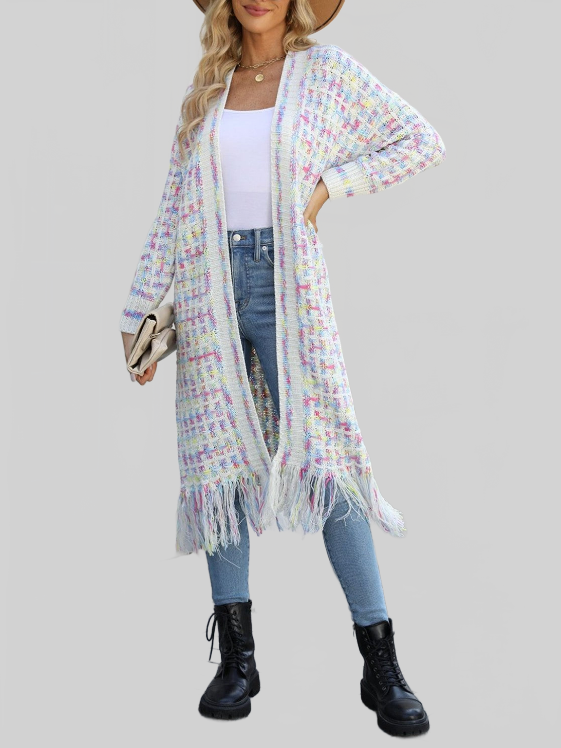 Women Open Front Fringe Hem Cardigan Sweater