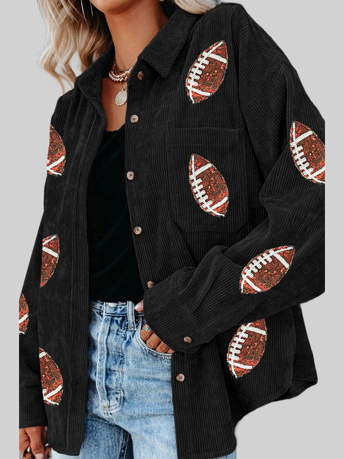 Sequin Football Button Up Long Sleeve Jacket