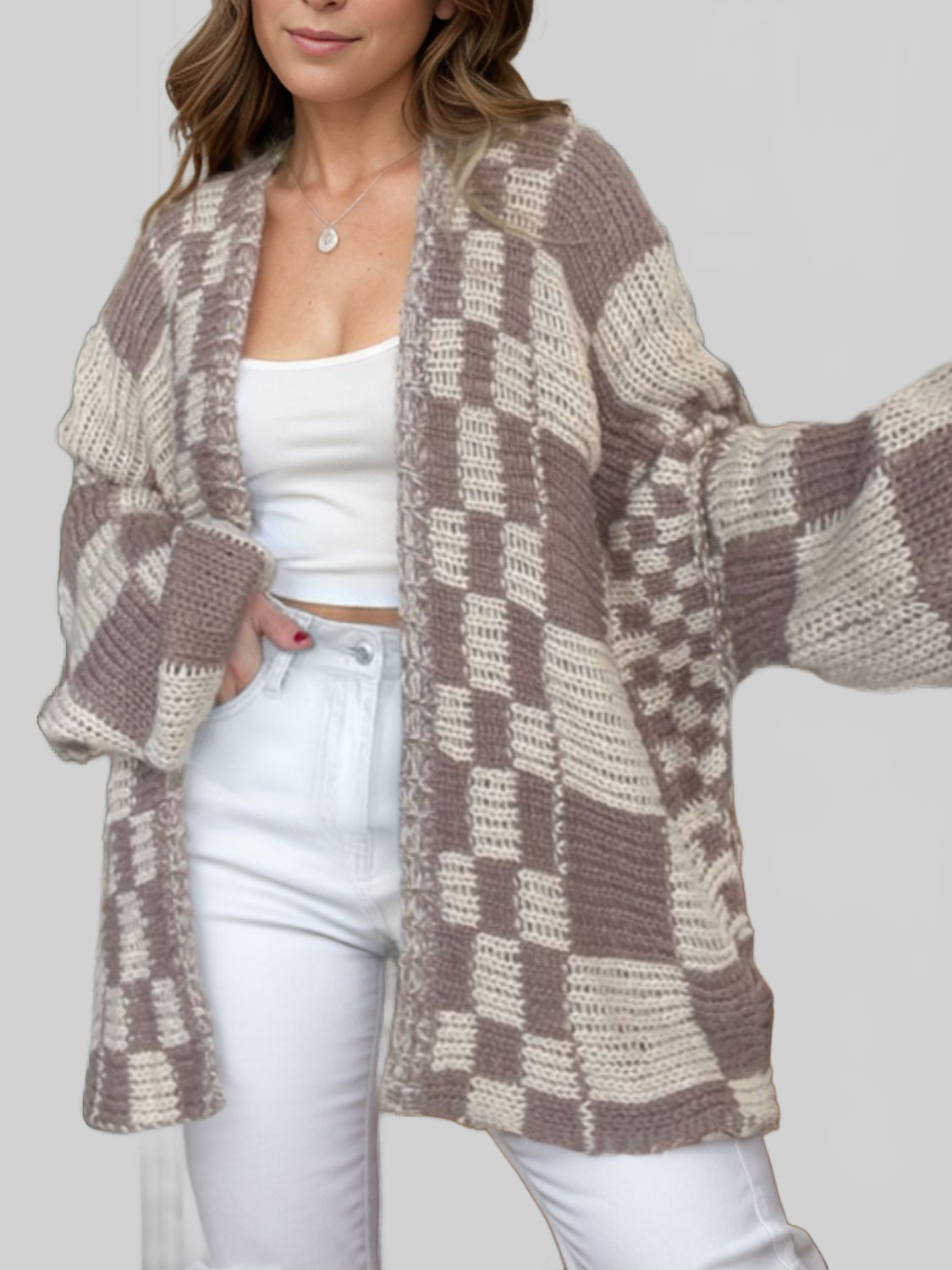 Women Plaid Open Front Long Sleeve Cardigan Sweater