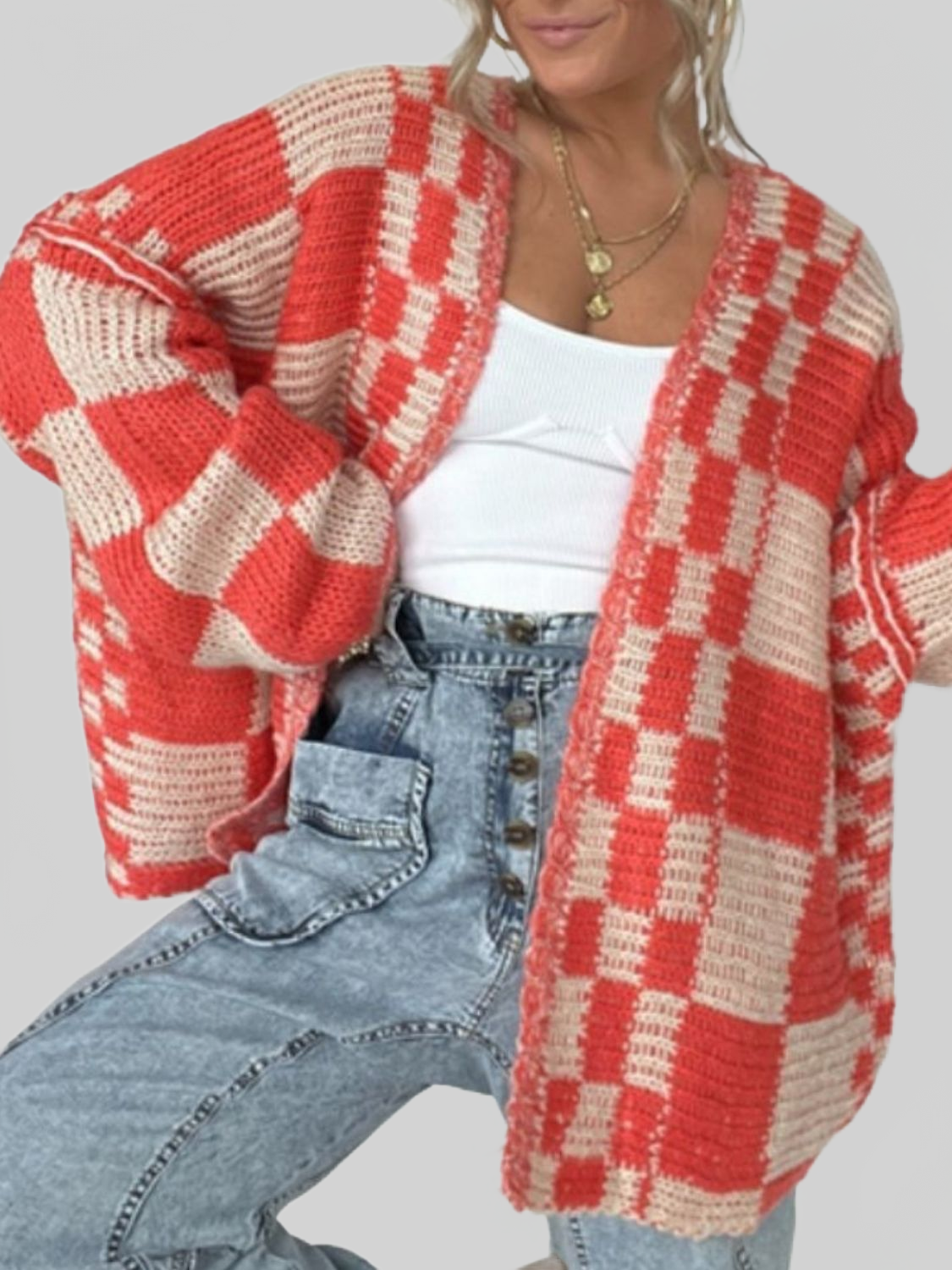 Women Plaid Open Front Long Sleeve Cardigan Sweater