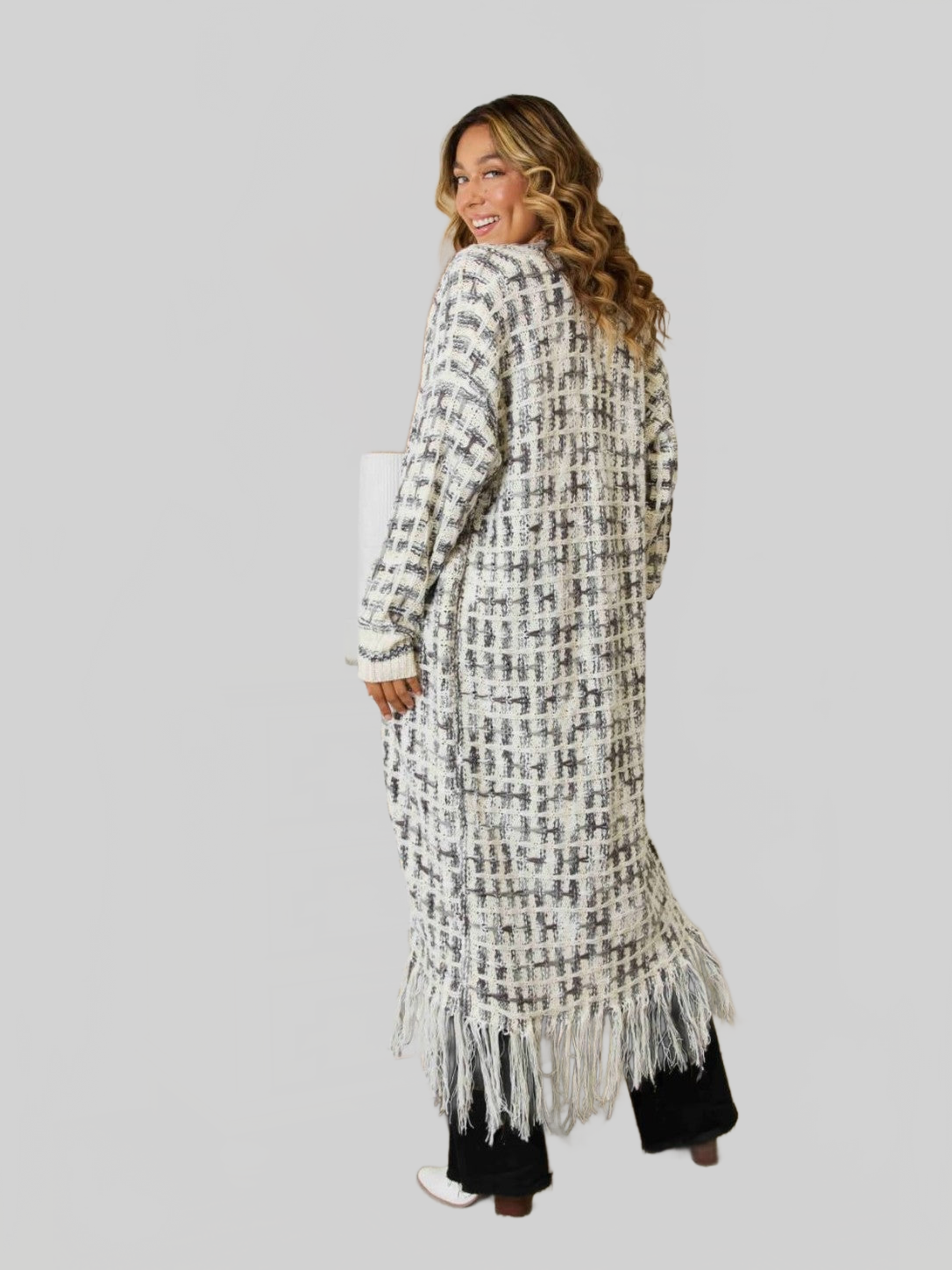 Women Open Front Fringe Hem Cardigan Sweater