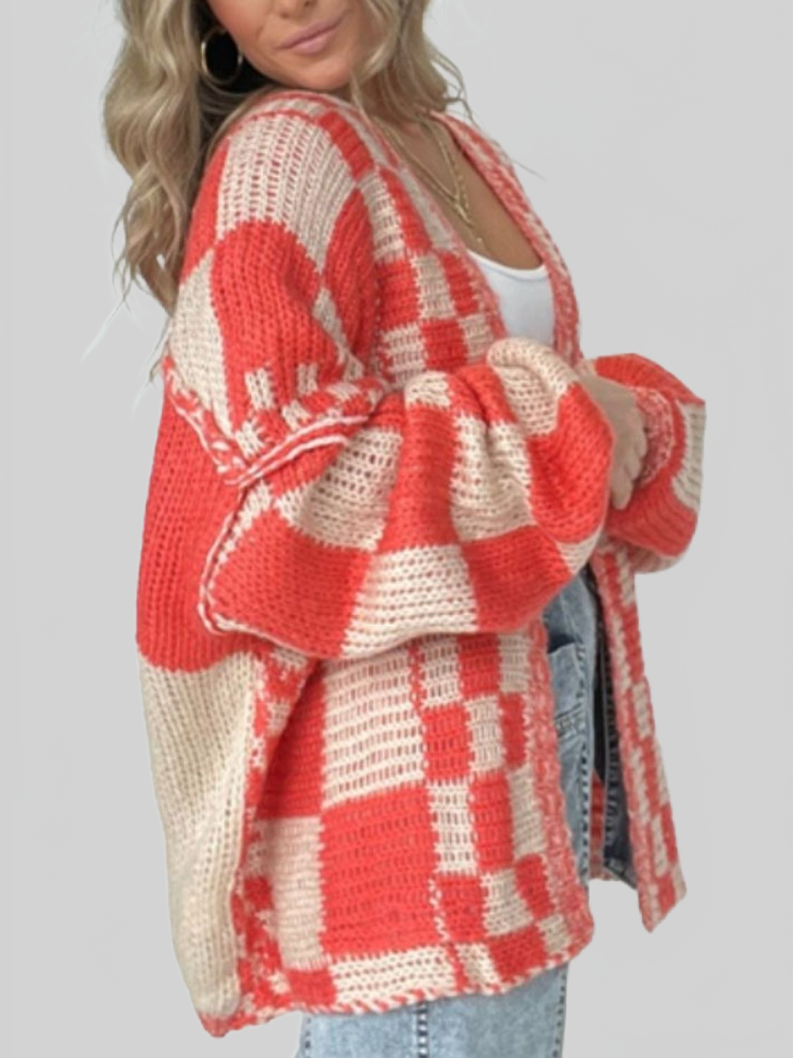 Women Plaid Open Front Long Sleeve Cardigan Sweater