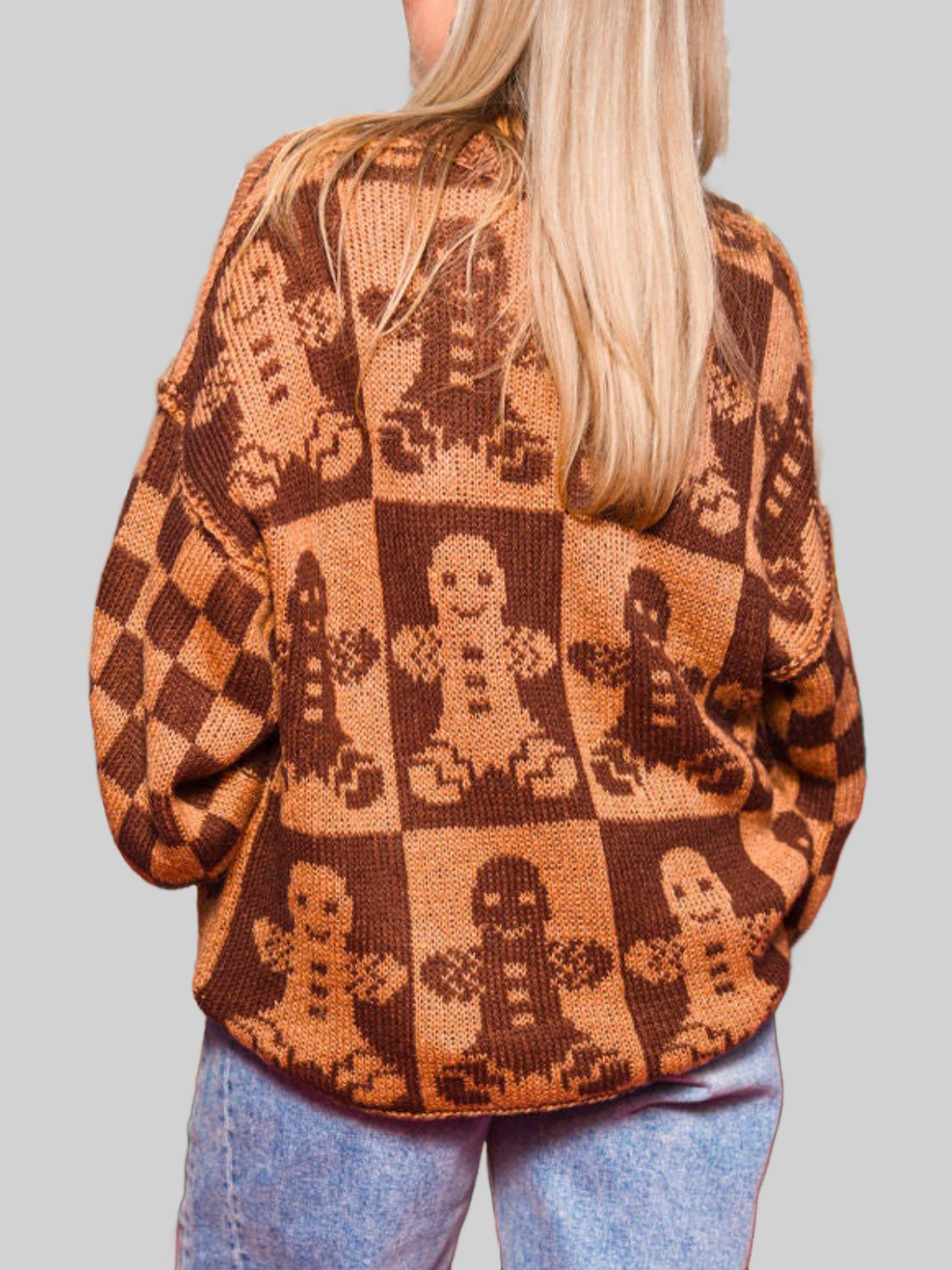 Women Christmas Gingerbread Man Round Neck Drop Shoulder Sweater