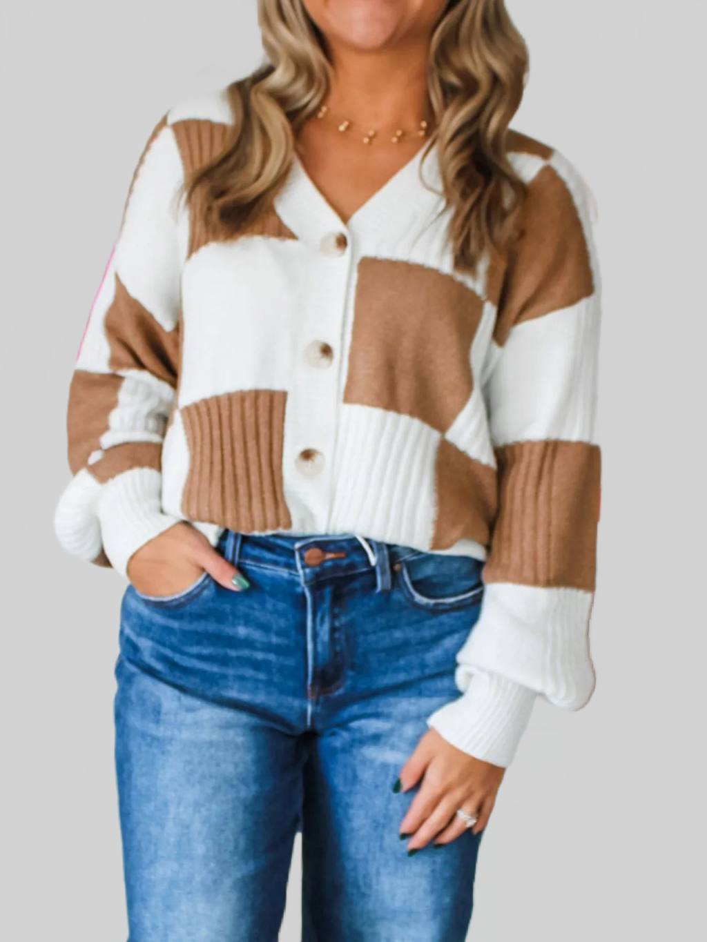 Women Color Block Knit Button-Up Cardigan Sweaters