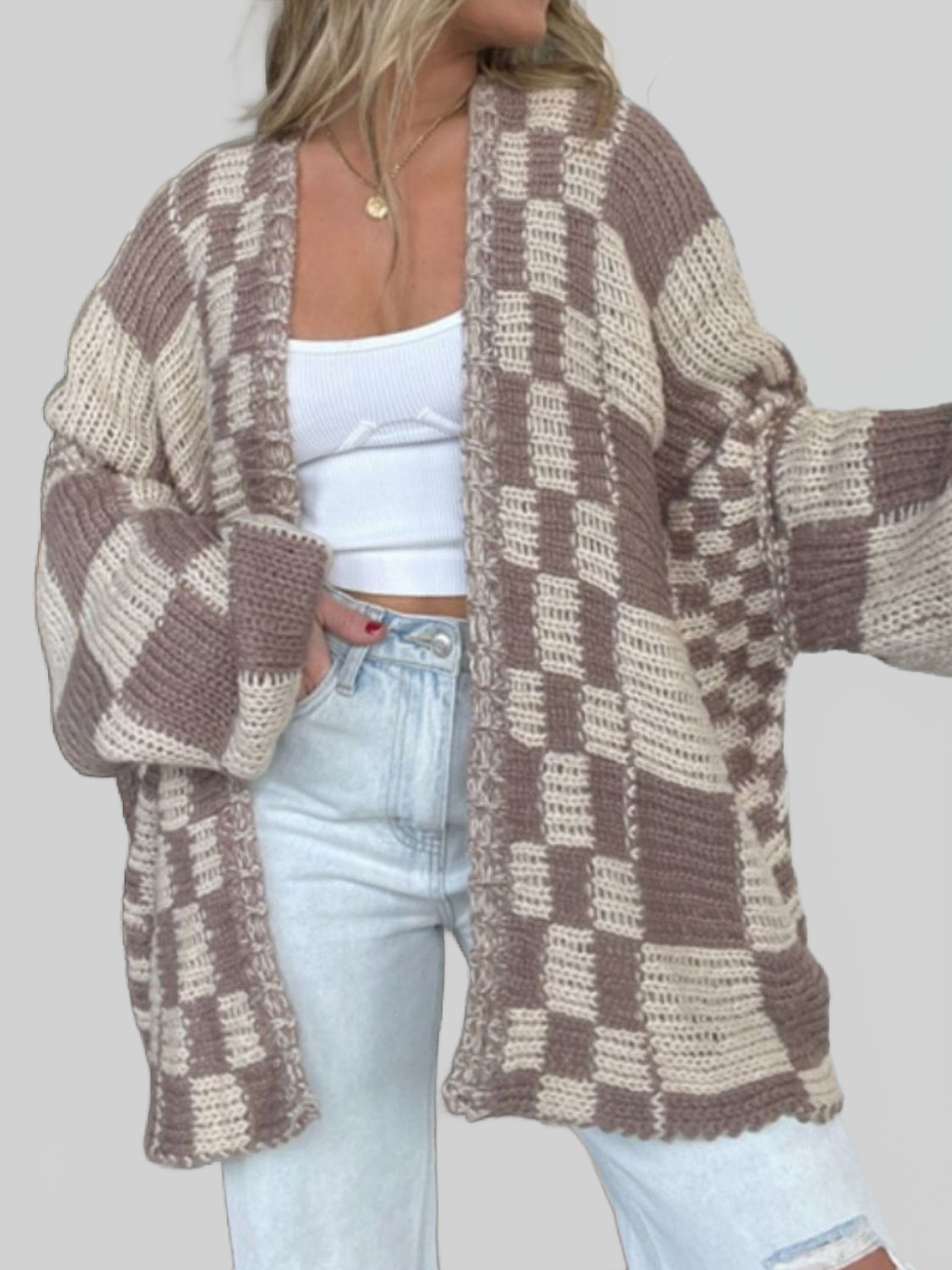 Women Plaid Open Front Long Sleeve Cardigan Sweater