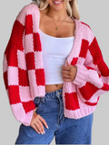 Checkered Open Front Long Sleeve Cardigan