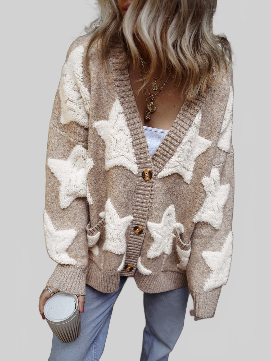 Women Star Button Up Long Sleeve Cardigan