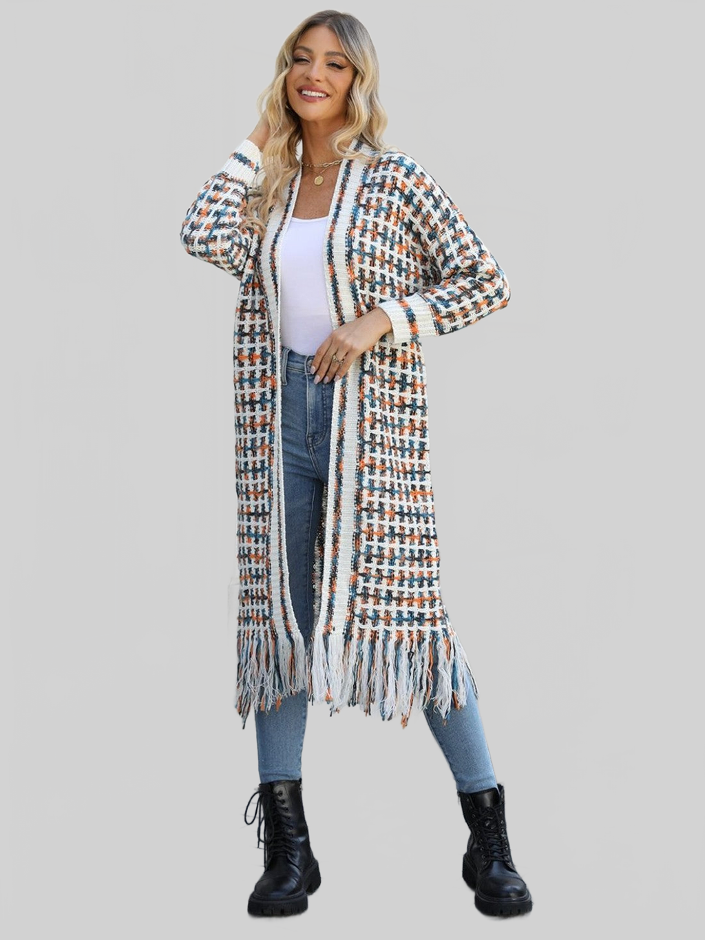 Women Open Front Fringe Hem Cardigan Sweater