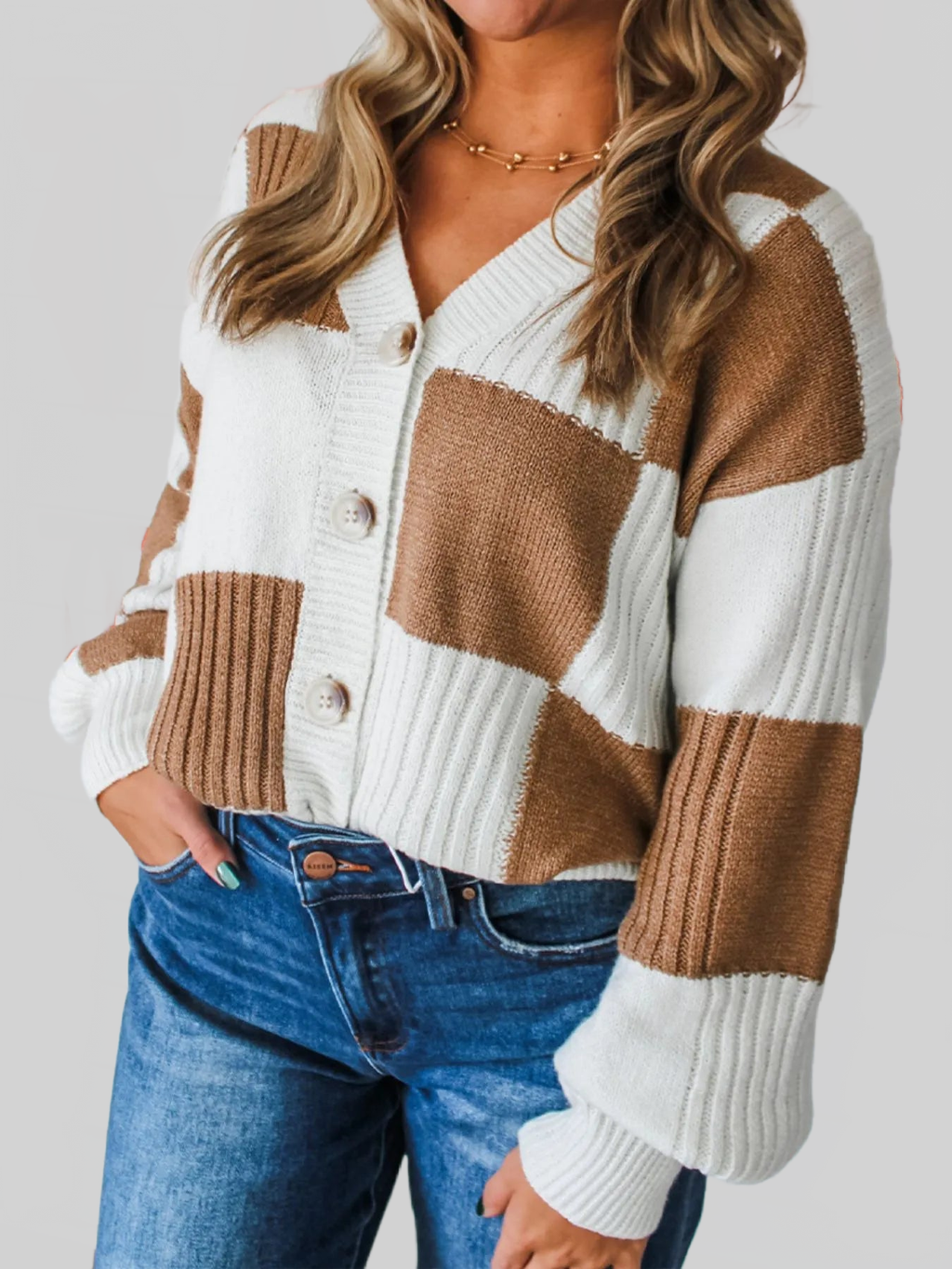 Women Color Block Knit Button-Up Cardigan Sweaters