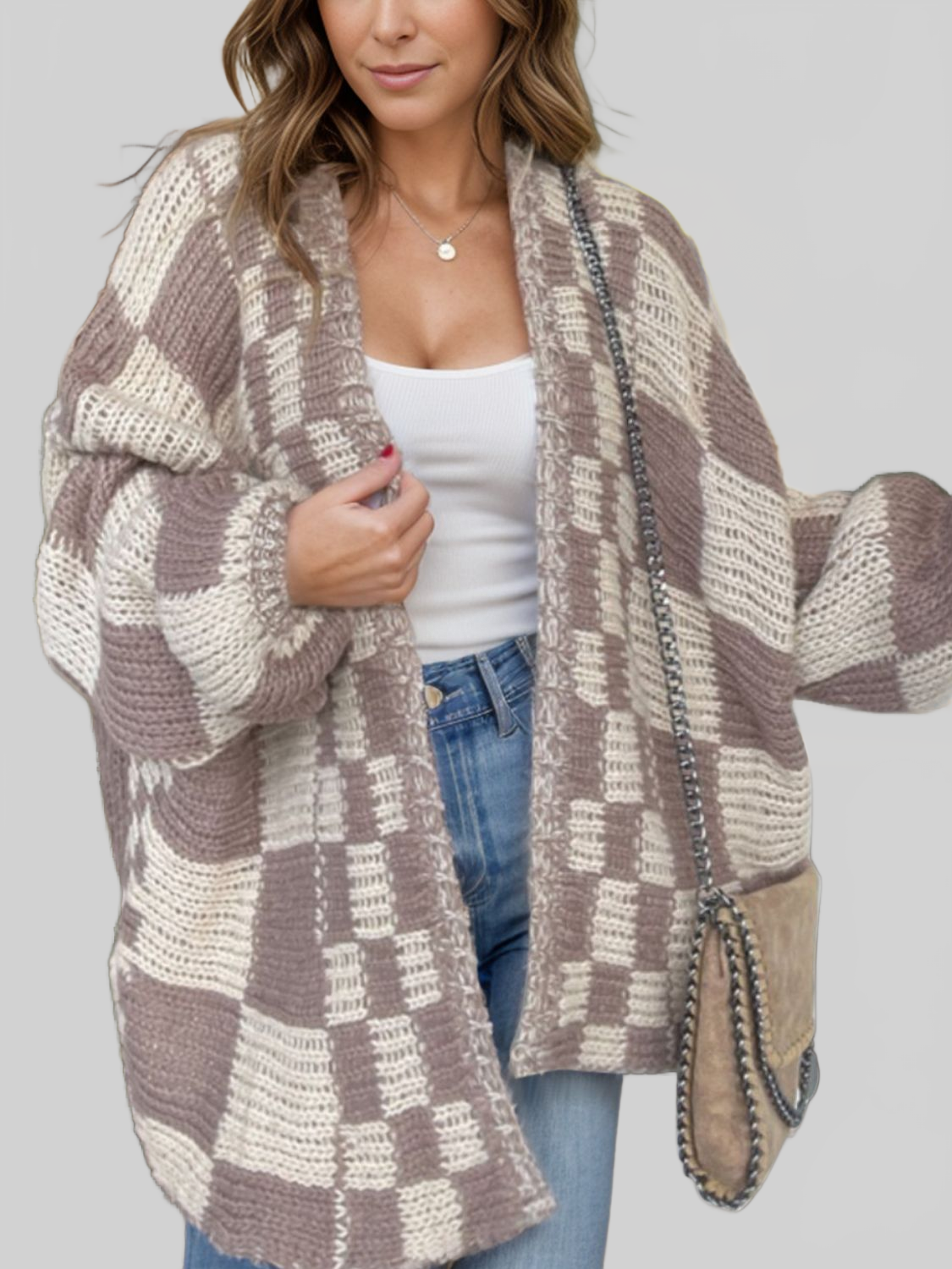 Women Plaid Open Front Long Sleeve Cardigan Sweater