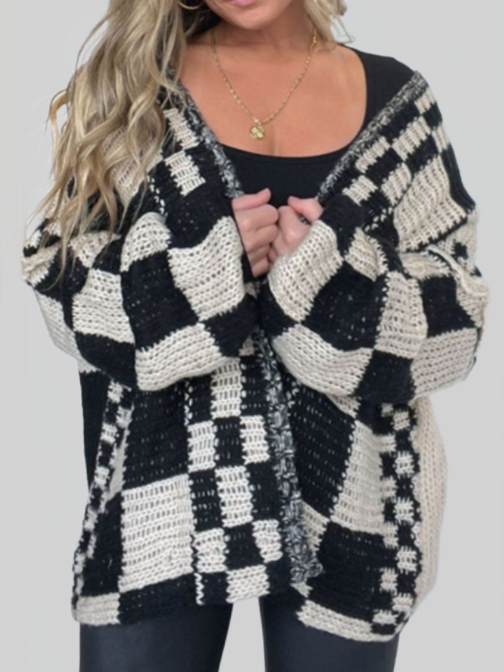 Women Plaid Open Front Long Sleeve Cardigan Sweater