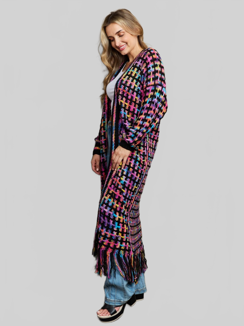 Women Open Front Fringe Hem Cardigan Sweater