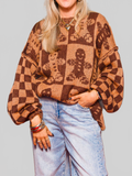 Women Christmas Gingerbread Man Round Neck Drop Shoulder Sweater