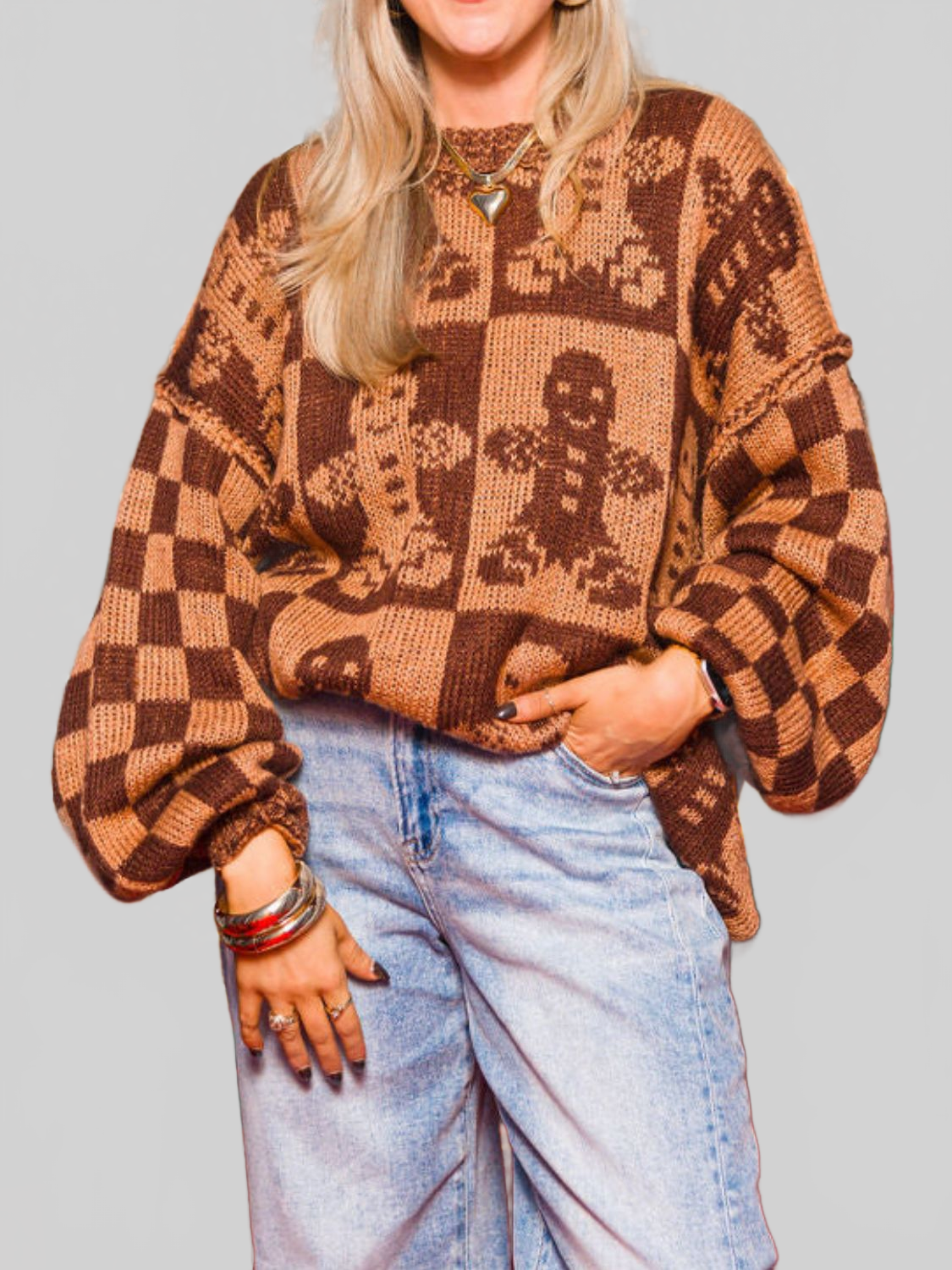 Women Christmas Gingerbread Man Round Neck Drop Shoulder Sweater