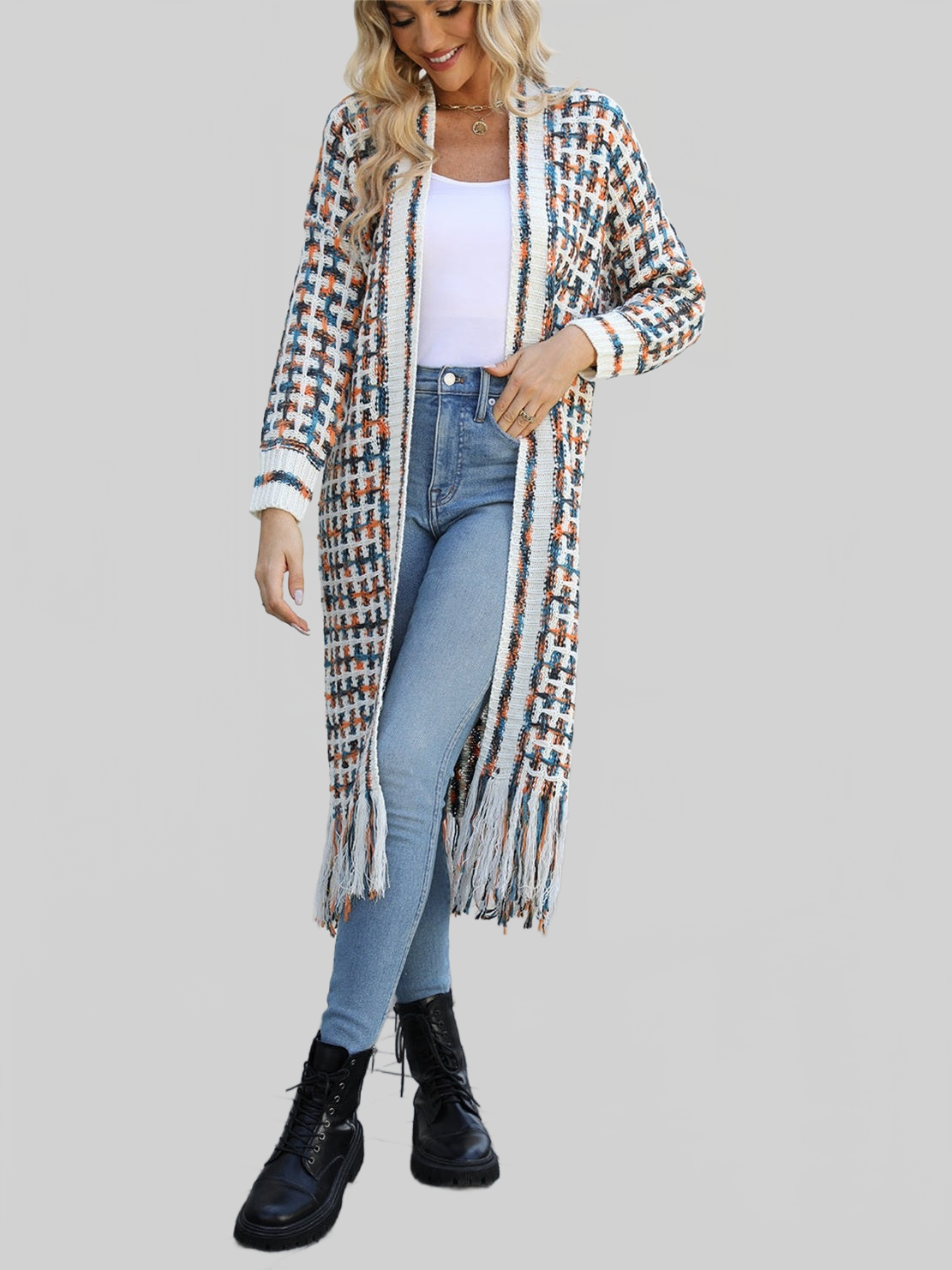 Women Open Front Fringe Hem Cardigan Sweater