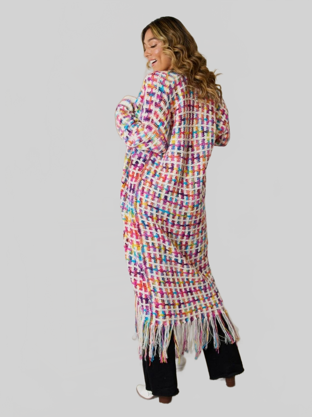 Women Open Front Fringe Hem Cardigan Sweater