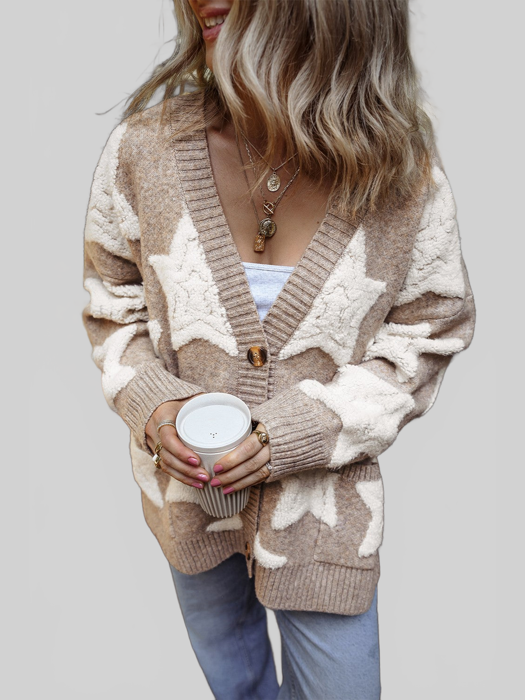 Women Star Button Up Long Sleeve Cardigan